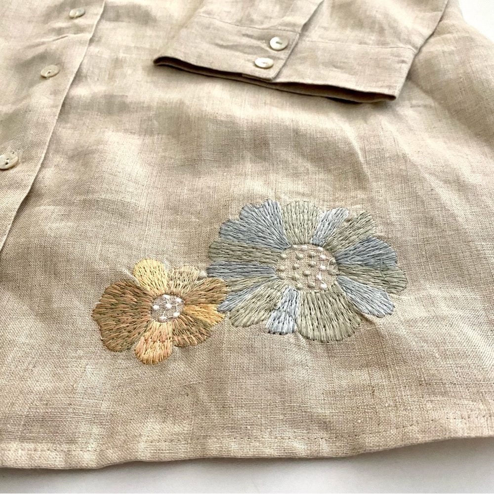 Tan Linen Button-down Top Sz Large Embroidered Floral Lagenlook Shirt Blouse - Picture 9 of 15